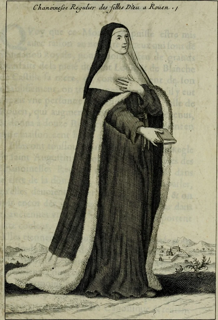 An illustration from Figures des differents habits des chanoines reguliers en ce siecle : auec vn discours sur les habits anciens et modernes de chanoines tant seculiers, que reguliers, 1666, leaf 150