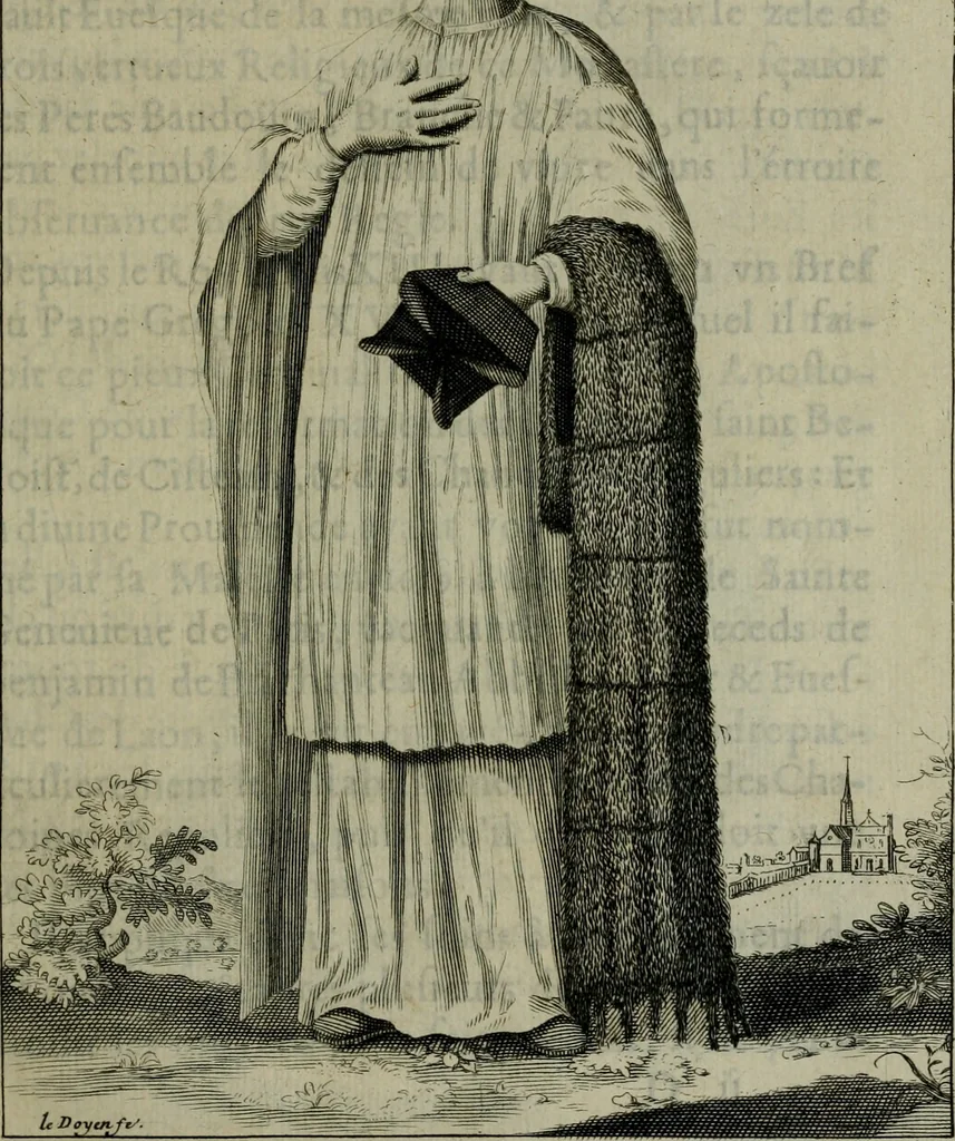 An illustration from Figures des differents habits des chanoines reguliers en ce siecle : auec vn discours sur les habits anciens et modernes de chanoines tant seculiers, que reguliers, 1666, leaf 38