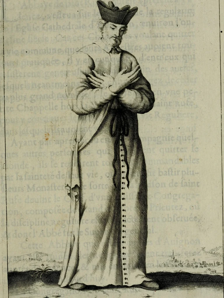 An illustration from Figures des differents habits des chanoines reguliers en ce siecle : auec vn discours sur les habits anciens et modernes de chanoines tant seculiers, que reguliers, 1666, leaf 50