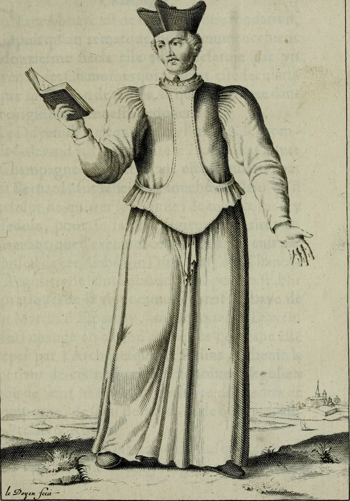 An illustration from Figures des differents habits des chanoines reguliers en ce siecle : auec vn discours sur les habits anciens et modernes de chanoines tant seculiers, que reguliers, 1666, leaf 74