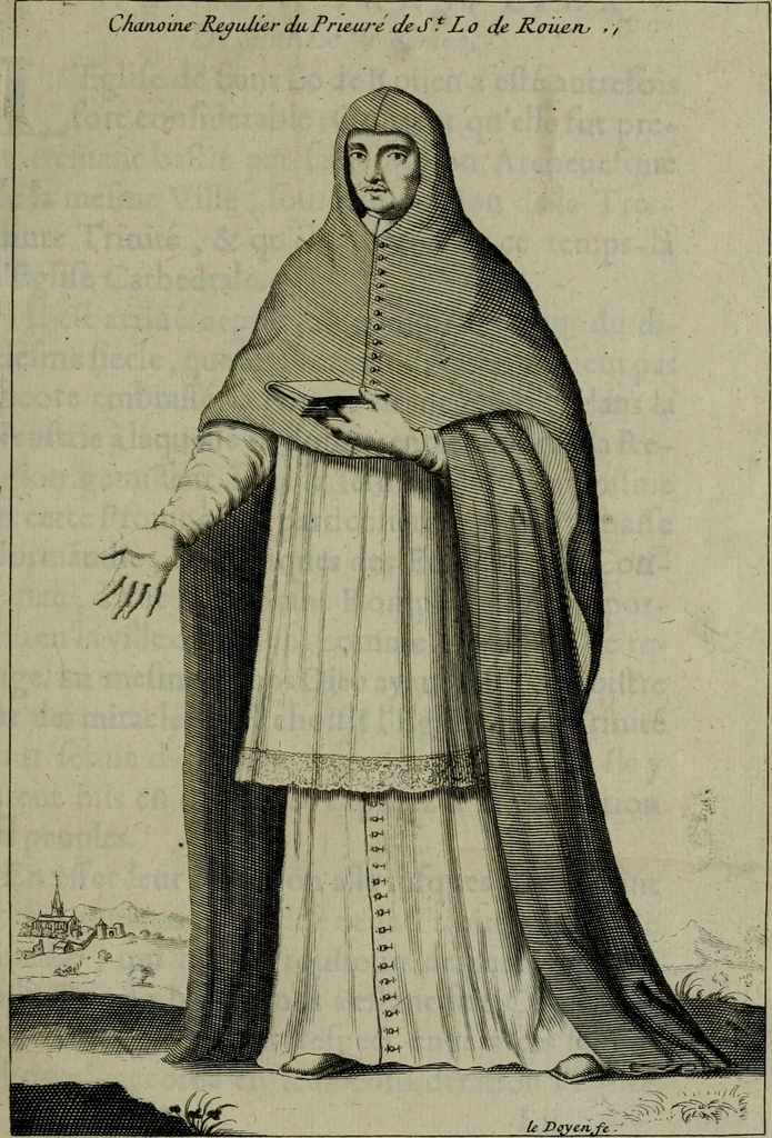 An illustration from Figures des differents habits des chanoines reguliers en ce siecle : auec vn discours sur les habits anciens et modernes de chanoines tant seculiers, que reguliers, 1666, leaf 78