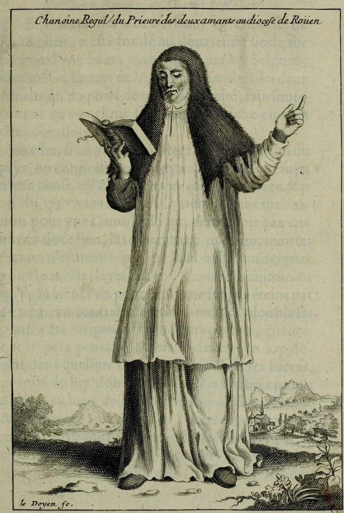 An illustration from Figures des differents habits des chanoines reguliers en ce siecle : auec vn discours sur les habits anciens et modernes de chanoines tant seculiers, que reguliers, 1666, leaf 82