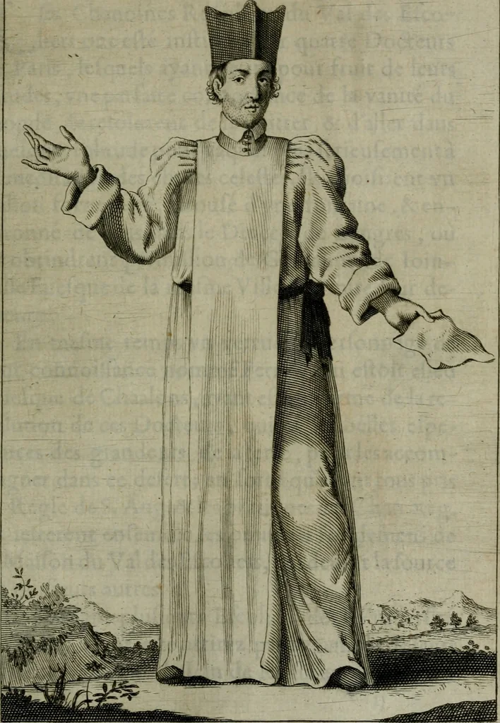 An illustration from Figures des differents habits des chanoines reguliers en ce siecle : auec vn discours sur les habits anciens et modernes de chanoines tant seculiers, que reguliers, 1666, leaf 86