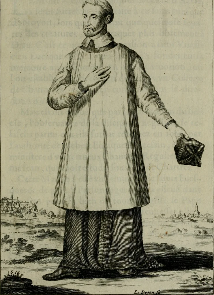 An illustration from Figures des differents habits des chanoines reguliers en ce siecle : auec vn discours sur les habits anciens et modernes de chanoines tant seculiers, que reguliers, 1666, leaf 90
