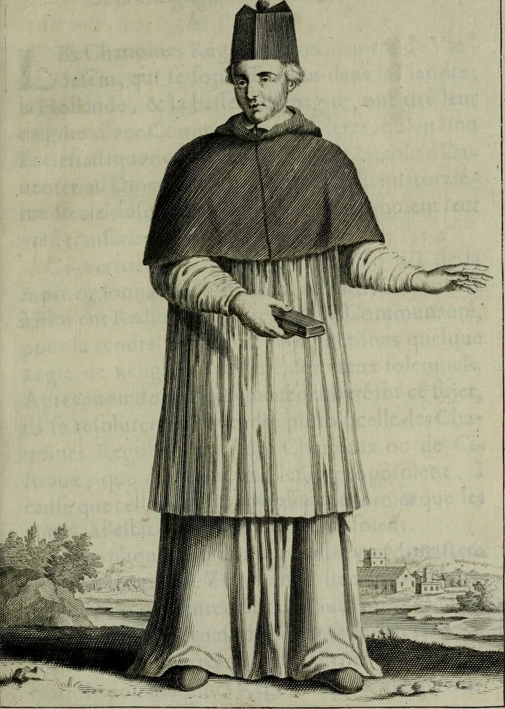 An illustration from Figures des differents habits des chanoines reguliers en ce siecle : auec vn discours sur les habits anciens et modernes de chanoines tant seculiers, que reguliers, 1666, leaf 94