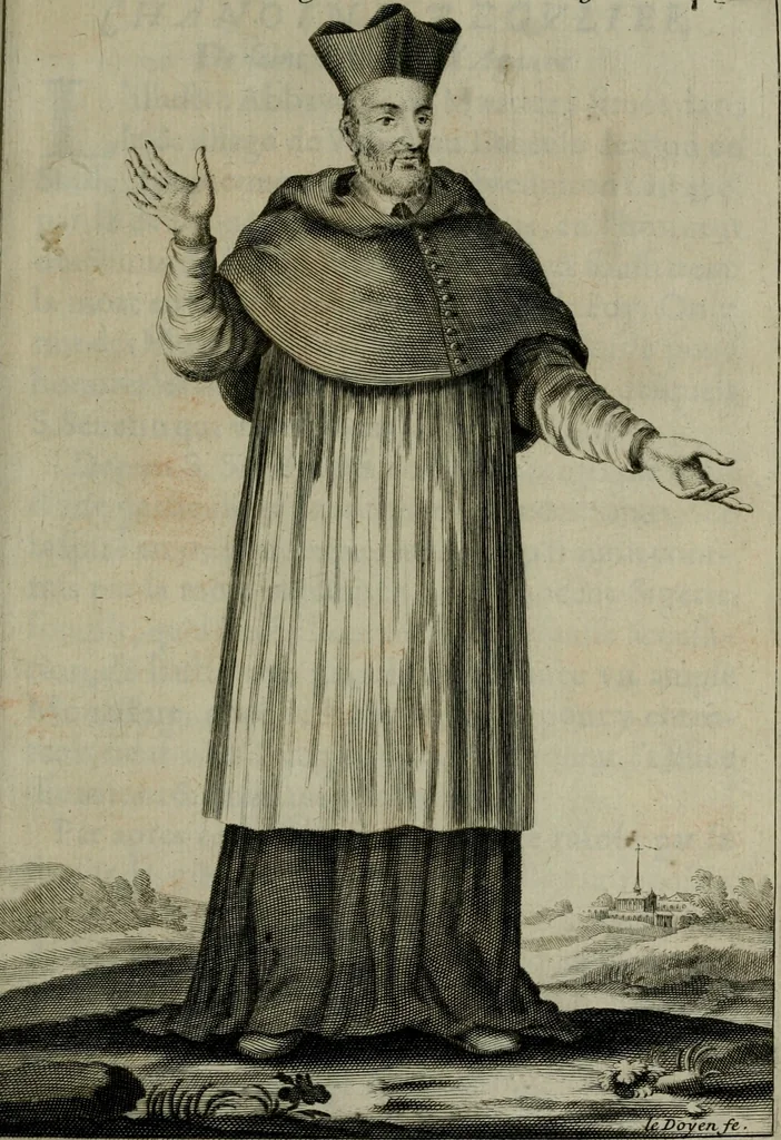 An illustration from Figures des differents habits des chanoines reguliers en ce siecle : auec vn discours sur les habits anciens et modernes de chanoines tant seculiers, que reguliers, 1666, leaf 98
