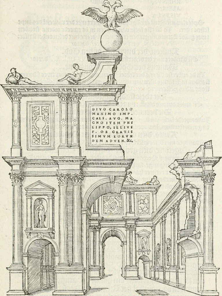 An illustration from De seer wonderlijcke, schoone, triumphelijcke incompst, van den hooghmogenden Prince Philips, Prince van Spaignen, Caroli des vijfden, Keysers sone : inde stadt van Antwerpen, anno M.CCCCC.XLIX, 1550, leaf 102