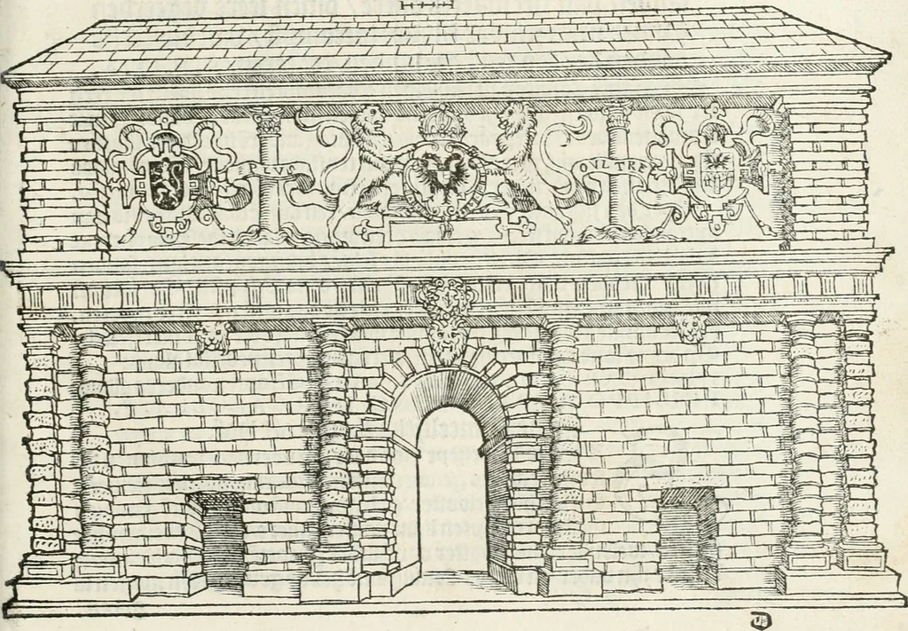 An illustration from De seer wonderlijcke, schoone, triumphelijcke incompst, van den hooghmogenden Prince Philips, Prince van Spaignen, Caroli des vijfden, Keysers sone : inde stadt van Antwerpen, anno M.CCCCC.XLIX, 1550, leaf 28