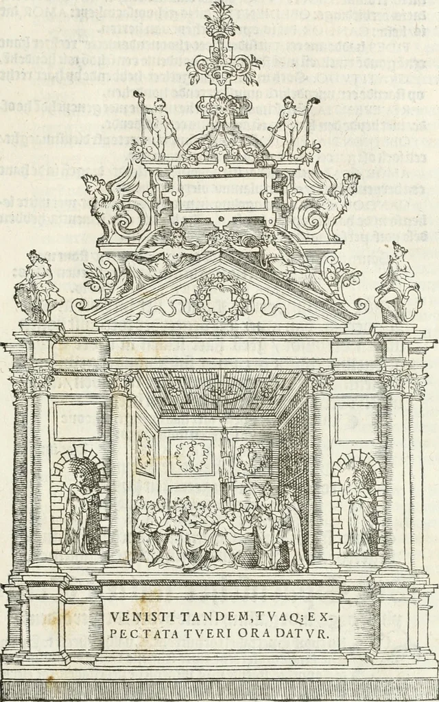 An illustration from De seer wonderlijcke, schoone, triumphelijcke incompst, van den hooghmogenden Prince Philips, Prince van Spaignen, Caroli des vijfden, Keysers sone : inde stadt van Antwerpen, anno M.CCCCC.XLIX, 1550, leaf 36