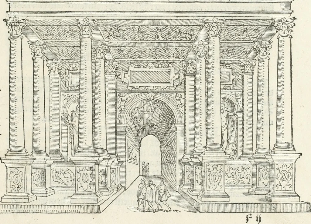 An illustration from De seer wonderlijcke, schoone, triumphelijcke incompst, van den hooghmogenden Prince Philips, Prince van Spaignen, Caroli des vijfden, Keysers sone : inde stadt van Antwerpen, anno M.CCCCC.XLIX, 1550, leaf 46