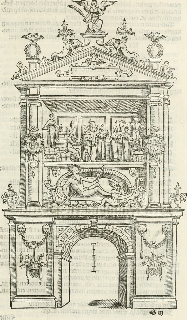 An illustration from De seer wonderlijcke, schoone, triumphelijcke incompst, van den hooghmogenden Prince Philips, Prince van Spaignen, Caroli des vijfden, Keysers sone : inde stadt van Antwerpen, anno M.CCCCC.XLIX, 1550, leaf 56
