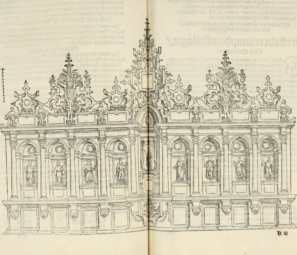 An illustration from De seer wonderlijcke, schoone, triumphelijcke incompst, van den hooghmogenden Prince Philips, Prince van Spaignen, Caroli des vijfden, Keysers sone : inde stadt van Antwerpen, anno M.CCCCC.XLIX, 1550, leaf 64