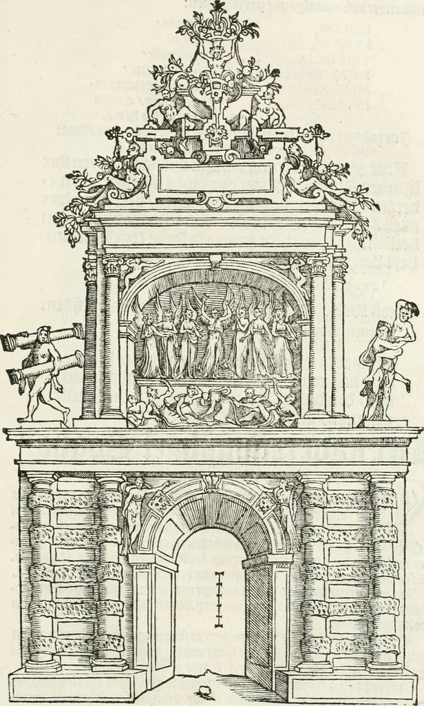 An illustration from De seer wonderlijcke, schoone, triumphelijcke incompst, van den hooghmogenden Prince Philips, Prince van Spaignen, Caroli des vijfden, Keysers sone : inde stadt van Antwerpen, anno M.CCCCC.XLIX, 1550, leaf 68