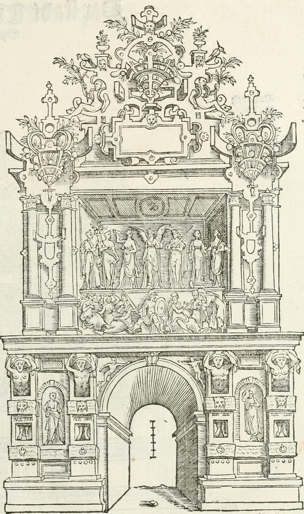 An illustration from De seer wonderlijcke, schoone, triumphelijcke incompst, van den hooghmogenden Prince Philips, Prince van Spaignen, Caroli des vijfden, Keysers sone : inde stadt van Antwerpen, anno M.CCCCC.XLIX, 1550, leaf 72