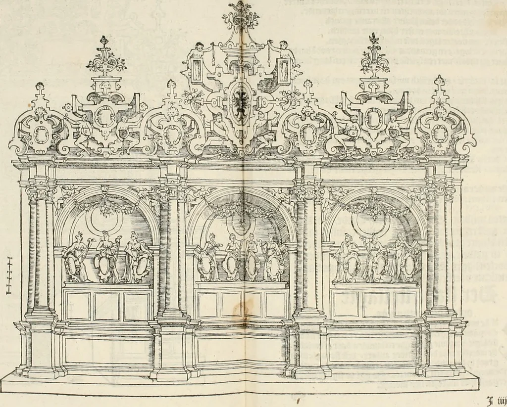 An illustration from De seer wonderlijcke, schoone, triumphelijcke incompst, van den hooghmogenden Prince Philips, Prince van Spaignen, Caroli des vijfden, Keysers sone : inde stadt van Antwerpen, anno M.CCCCC.XLIX, 1550, leaf 74