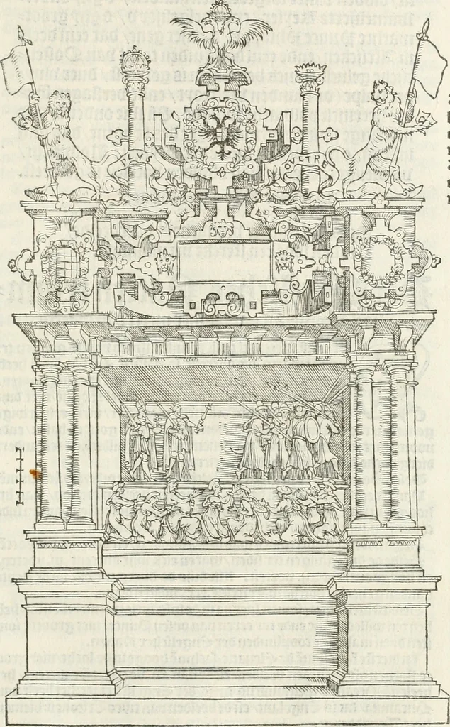 An illustration from De seer wonderlijcke, schoone, triumphelijcke incompst, van den hooghmogenden Prince Philips, Prince van Spaignen, Caroli des vijfden, Keysers sone : inde stadt van Antwerpen, anno M.CCCCC.XLIX, 1550, leaf 80