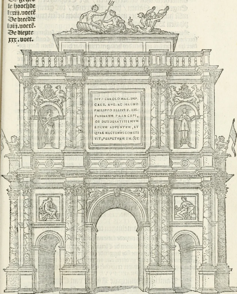 An illustration from De seer wonderlijcke, schoone, triumphelijcke incompst, van den hooghmogenden Prince Philips, Prince van Spaignen, Caroli des vijfden, Keysers sone : inde stadt van Antwerpen, anno M.CCCCC.XLIX, 1550, leaf 84
