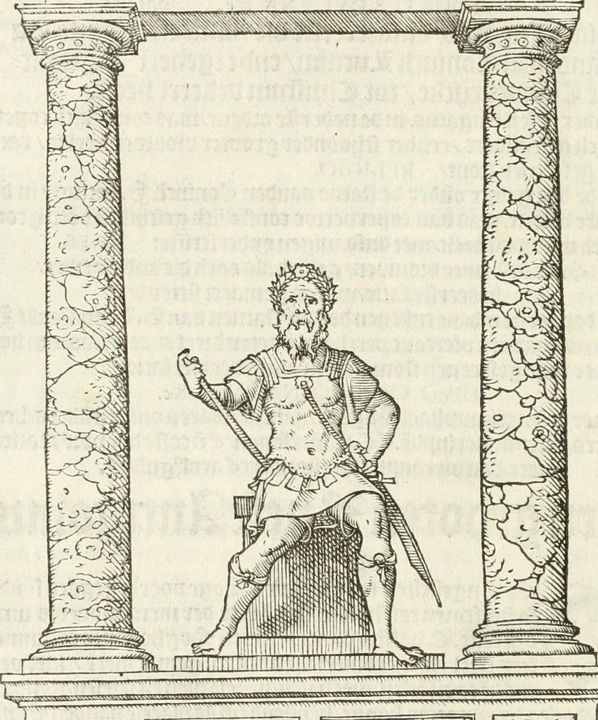 An illustration from De seer wonderlijcke, schoone, triumphelijcke incompst, van den hooghmogenden Prince Philips, Prince van Spaignen, Caroli des vijfden, Keysers sone : inde stadt van Antwerpen, anno M.CCCCC.XLIX, 1550, leaf 87