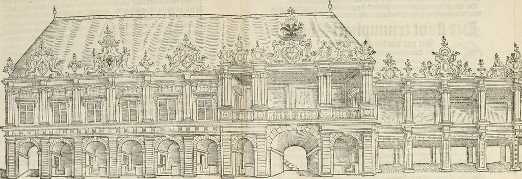 An illustration from De seer wonderlijcke, schoone, triumphelijcke incompst, van den hooghmogenden Prince Philips, Prince van Spaignen, Caroli des vijfden, Keysers sone : inde stadt van Antwerpen, anno M.CCCCC.XLIX, 1550, leaf 90