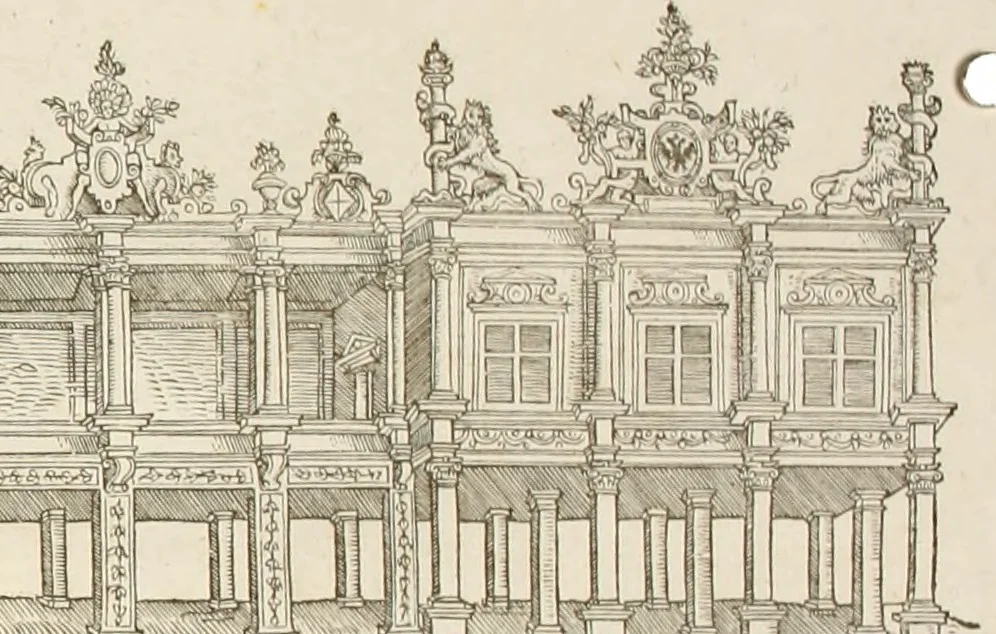 An illustration from De seer wonderlijcke, schoone, triumphelijcke incompst, van den hooghmogenden Prince Philips, Prince van Spaignen, Caroli des vijfden, Keysers sone : inde stadt van Antwerpen, anno M.CCCCC.XLIX, 1550, leaf 90