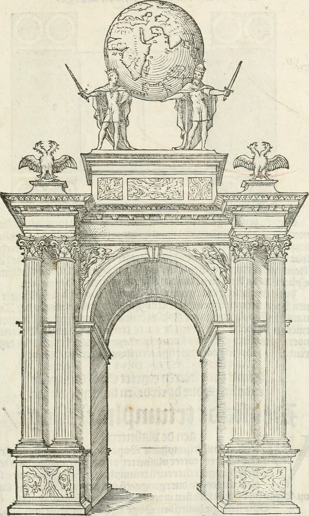 An illustration from De seer wonderlijcke, schoone, triumphelijcke incompst, van den hooghmogenden Prince Philips, Prince van Spaignen, Caroli des vijfden, Keysers sone : inde stadt van Antwerpen, anno M.CCCCC.XLIX, 1550, leaf 92