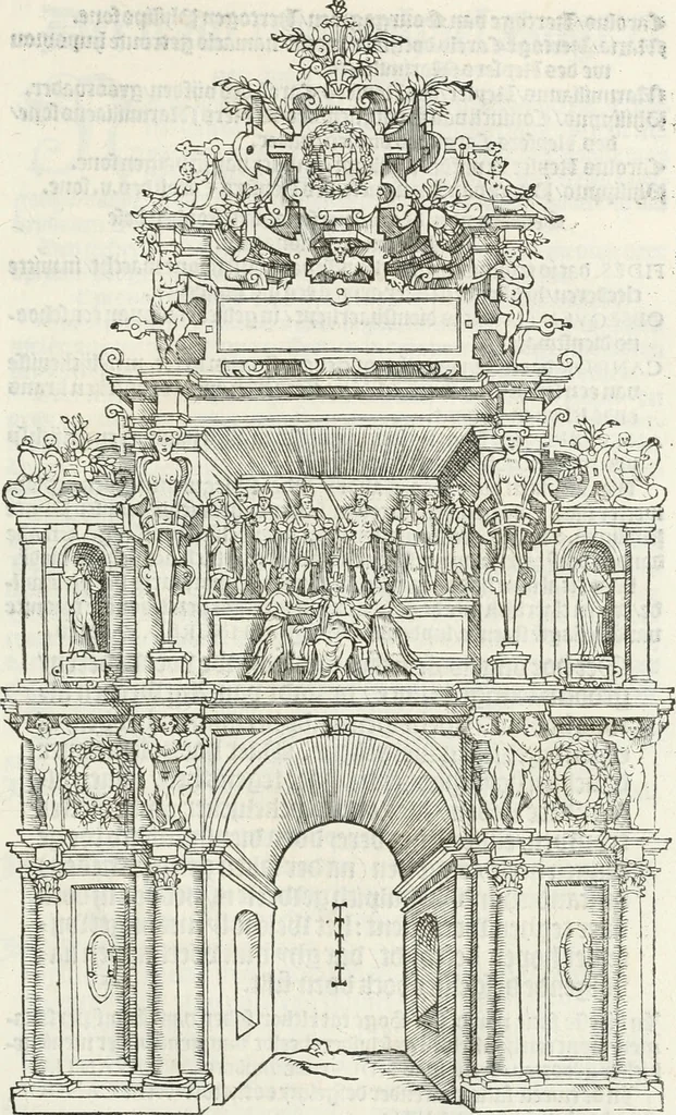 An illustration from De seer wonderlijcke, schoone, triumphelijcke incompst, van den hooghmogenden Prince Philips, Prince van Spaignen, Caroli des vijfden, Keysers sone : inde stadt van Antwerpen, anno M.CCCCC.XLIX, 1550, leaf 94