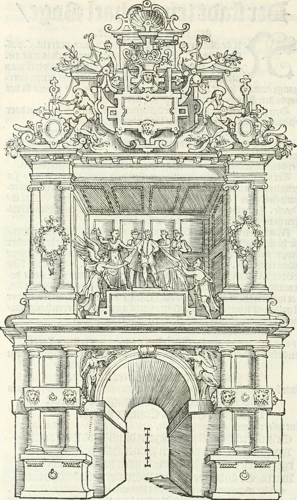 An illustration from De seer wonderlijcke, schoone, triumphelijcke incompst, van den hooghmogenden Prince Philips, Prince van Spaignen, Caroli des vijfden, Keysers sone : inde stadt van Antwerpen, anno M.CCCCC.XLIX, 1550, leaf 97
