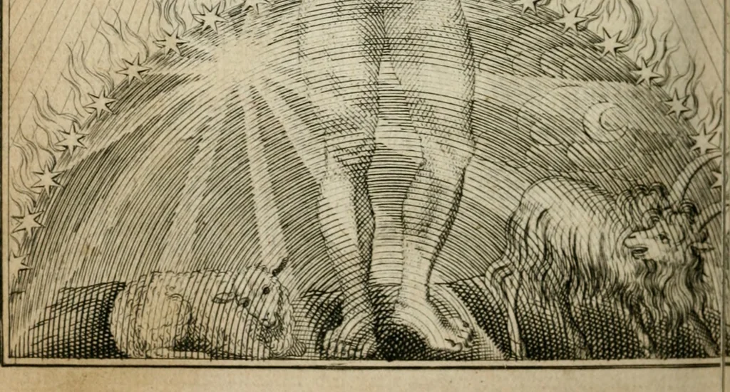 An illustration from Des gottseeligen hocherleuchteten Jacob Böhmens teutonici Philosophi Alle theosophische Wercken : darinnen alle tieffe Geheimnüsse Gottes der ewigen und zeitlichen Natur und Creatur : samt dem wahren Grunde christlicher Religion und der Gottseeligkeit, nach dem apostolischen Gezeugnüss offenbahrer werden : theils aus des Authoris eigenen Originalen, theils aus den ersten und nachgesehenen besten Copyen auffs fleissigste corrigiret : und in Beyfügung etlicher Clavium so vorhin noch nie gedruckt, nebenst einem zweyfachen Register : den Liebhabern göttlicher und natürlicher Weissheit zum besten an Tag gegeben, 1682, leaf 1005