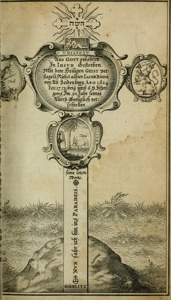 An illustration from Des gottseeligen hocherleuchteten Jacob Böhmens teutonici Philosophi Alle theosophische Wercken : darinnen alle tieffe Geheimnüsse Gottes der ewigen und zeitlichen Natur und Creatur : samt dem wahren Grunde christlicher Religion und der Gottseeligkeit, nach dem apostolischen Gezeugnüss offenbahrer werden : theils aus des Authoris eigenen Originalen, theils aus den ersten und nachgesehenen besten Copyen auffs fleissigste corrigiret : und in Beyfügung etlicher Clavium so vorhin noch nie gedruckt, nebenst einem zweyfachen Register : den Liebhabern göttlicher und natürlicher Weissheit zum besten an Tag gegeben, 1682, leaf 54