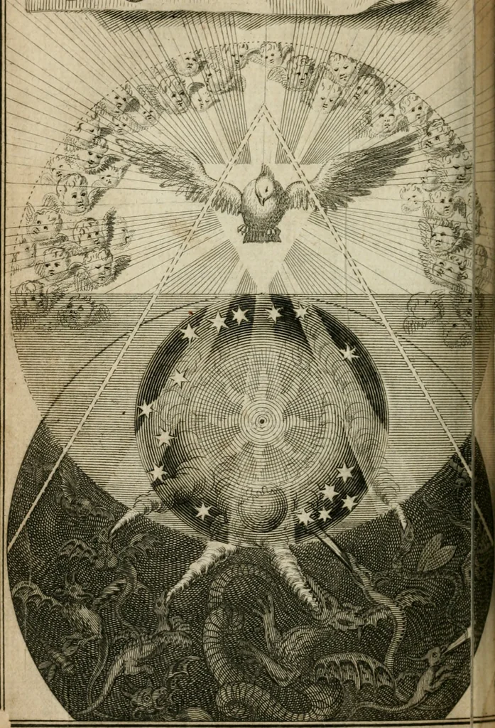 An illustration from Des gottseeligen hocherleuchteten Jacob Böhmens teutonici Philosophi Alle theosophische Wercken : darinnen alle tieffe Geheimnüsse Gottes der ewigen und zeitlichen Natur und Creatur : samt dem wahren Grunde christlicher Religion und der Gottseeligkeit, nach dem apostolischen Gezeugnüss offenbahrer werden : theils aus des Authoris eigenen Originalen, theils aus den ersten und nachgesehenen besten Copyen auffs fleissigste corrigiret : und in Beyfügung etlicher Clavium so vorhin noch nie gedruckt, nebenst einem zweyfachen Register : den Liebhabern göttlicher und natürlicher Weissheit zum besten an Tag gegeben, 1682, leaf 545