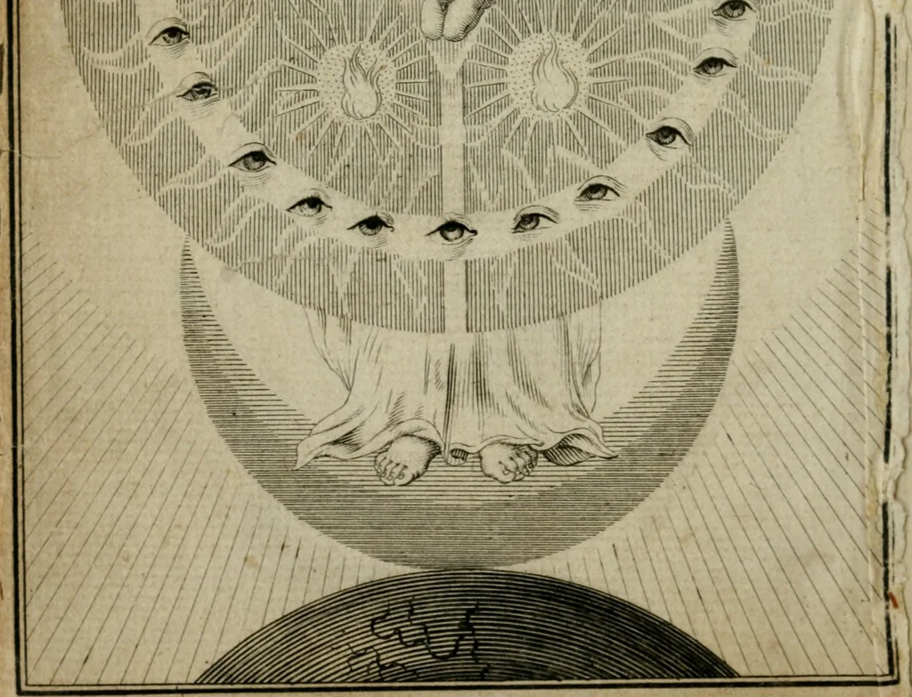 An illustration from Des gottseeligen hocherleuchteten Jacob Böhmens teutonici Philosophi Alle theosophische Wercken : darinnen alle tieffe Geheimnüsse Gottes der ewigen und zeitlichen Natur und Creatur : samt dem wahren Grunde christlicher Religion und der Gottseeligkeit, nach dem apostolischen Gezeugnüss offenbahrer werden : theils aus des Authoris eigenen Originalen, theils aus den ersten und nachgesehenen besten Copyen auffs fleissigste corrigiret : und in Beyfügung etlicher Clavium so vorhin noch nie gedruckt, nebenst einem zweyfachen Register : den Liebhabern göttlicher und natürlicher Weissheit zum besten an Tag gegeben, 1682, leaf 469