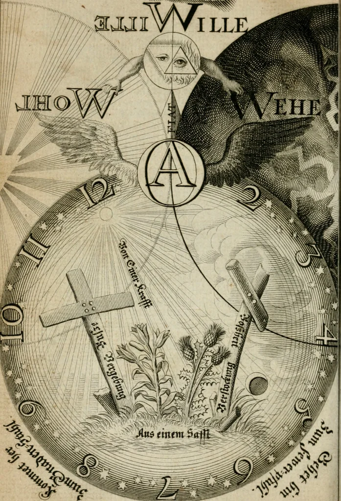 An illustration from Des gottseeligen hocherleuchteten Jacob Böhmens teutonici Philosophi Alle theosophische Wercken : darinnen alle tieffe Geheimnüsse Gottes der ewigen und zeitlichen Natur und Creatur : samt dem wahren Grunde christlicher Religion und der Gottseeligkeit, nach dem apostolischen Gezeugnüss offenbahrer werden : theils aus des Authoris eigenen Originalen, theils aus den ersten und nachgesehenen besten Copyen auffs fleissigste corrigiret : und in Beyfügung etlicher Clavium so vorhin noch nie gedruckt, nebenst einem zweyfachen Register : den Liebhabern göttlicher und natürlicher Weissheit zum besten an Tag gegeben, 1682, leaf 795