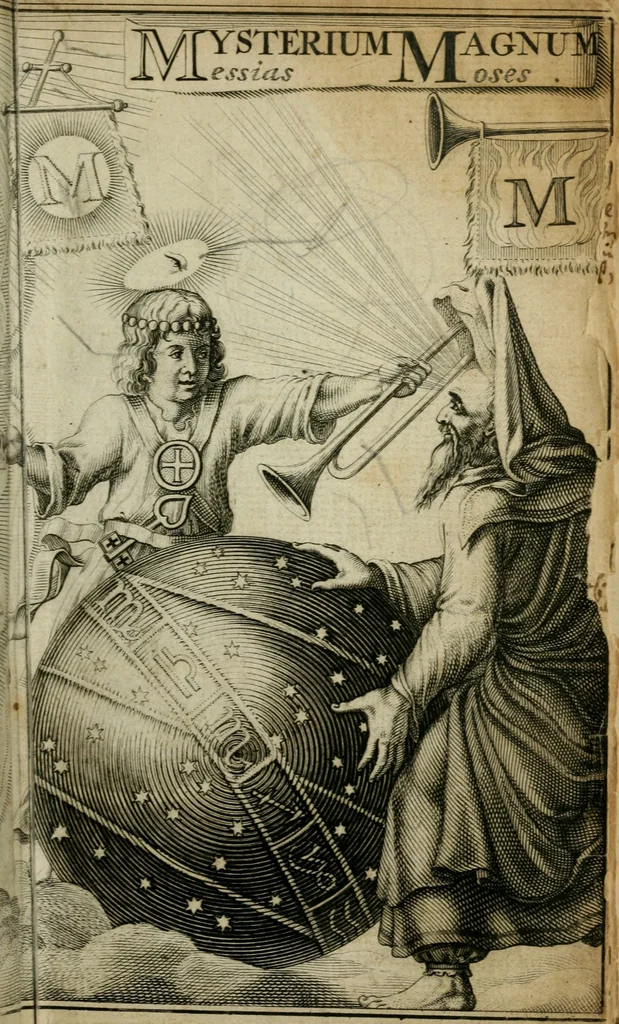 An illustration from Des gottseeligen hocherleuchteten Jacob Böhmens teutonici Philosophi Alle theosophische Wercken : darinnen alle tieffe Geheimnüsse Gottes der ewigen und zeitlichen Natur und Creatur : samt dem wahren Grunde christlicher Religion und der Gottseeligkeit, nach dem apostolischen Gezeugnüss offenbahrer werden : theils aus des Authoris eigenen Originalen, theils aus den ersten und nachgesehenen besten Copyen auffs fleissigste corrigiret : und in Beyfügung etlicher Clavium so vorhin noch nie gedruckt, nebenst einem zweyfachen Register : den Liebhabern göttlicher und natürlicher Weissheit zum besten an Tag gegeben, 1682, leaf 6