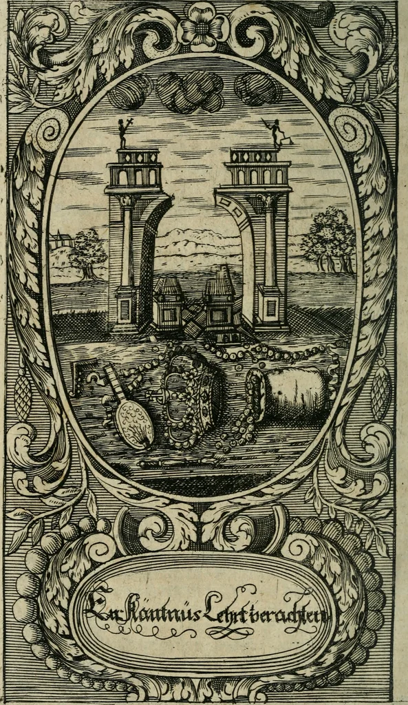 An illustration from Des hocherleuchteten seel. Herrn Johann Arndts, General-Superint. des Fürstenthums Lüneburg Neu-eröffnetes Paradiess-Gärtlein : worinn allen Liebhabern des Wahren Christenthums, durch lehr- und trostreiche Gebeter gezeiget, wie sie ... eifrig zu Gott beten ... auch in Creutz und Leiden andächtig zu Gott seufftzen können : zum bequemen Gebrauch mit drey unterschiedenen Registern, ... auch anitzo zum ersten Mahl mit neuen erbaulichen Sinn-Bildern, dergleichen noch bey keiner andern Edition zu finden, nicht weniger denen merckwürdigen Wunder-Geschichten, so mit diesem geistreichen Buche sich zugetragen, versehen, 1708, leaf 163