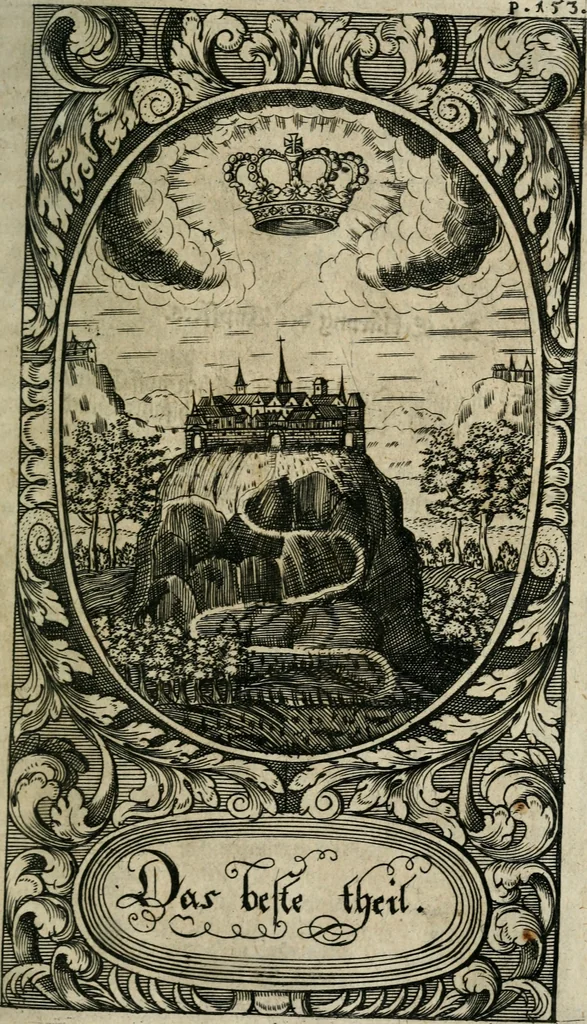 An illustration from Des hocherleuchteten seel. Herrn Johann Arndts, General-Superint. des Fürstenthums Lüneburg Neu-eröffnetes Paradiess-Gärtlein : worinn allen Liebhabern des Wahren Christenthums, durch lehr- und trostreiche Gebeter gezeiget, wie sie ... eifrig zu Gott beten ... auch in Creutz und Leiden andächtig zu Gott seufftzen können : zum bequemen Gebrauch mit drey unterschiedenen Registern, ... auch anitzo zum ersten Mahl mit neuen erbaulichen Sinn-Bildern, dergleichen noch bey keiner andern Edition zu finden, nicht weniger denen merckwürdigen Wunder-Geschichten, so mit diesem geistreichen Buche sich zugetragen, versehen, 1708, leaf 182