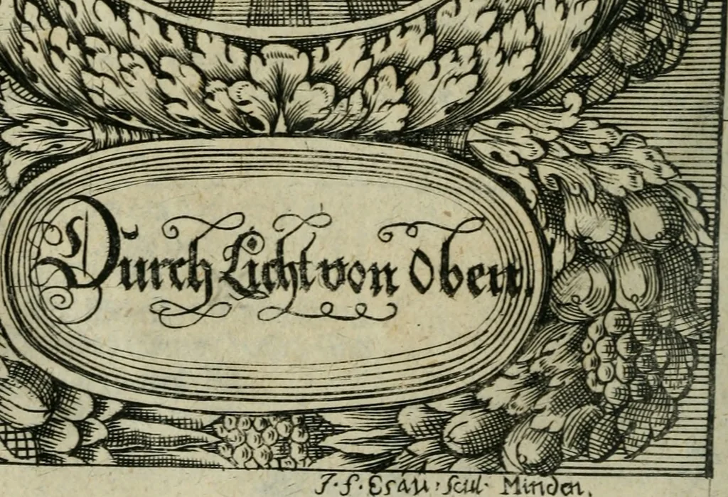 An illustration from Des hocherleuchteten seel. Herrn Johann Arndts, General-Superint. des Fürstenthums Lüneburg Neu-eröffnetes Paradiess-Gärtlein : worinn allen Liebhabern des Wahren Christenthums, durch lehr- und trostreiche Gebeter gezeiget, wie sie ... eifrig zu Gott beten ... auch in Creutz und Leiden andächtig zu Gott seufftzen können : zum bequemen Gebrauch mit drey unterschiedenen Registern, ... auch anitzo zum ersten Mahl mit neuen erbaulichen Sinn-Bildern, dergleichen noch bey keiner andern Edition zu finden, nicht weniger denen merckwürdigen Wunder-Geschichten, so mit diesem geistreichen Buche sich zugetragen, versehen, 1708, leaf 21