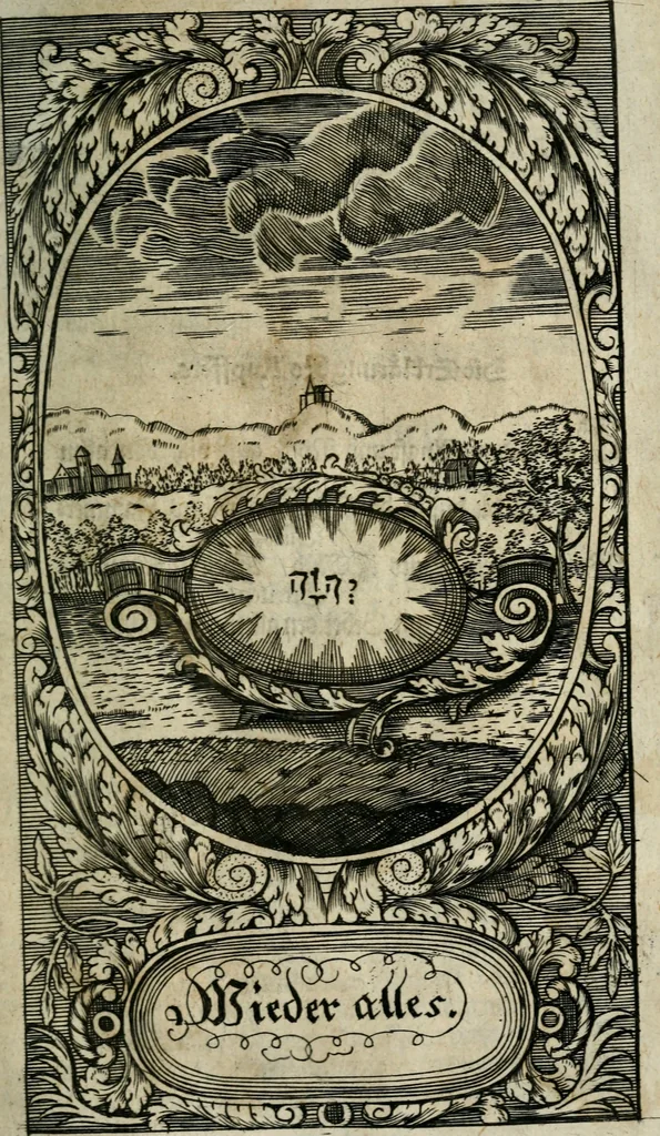 An illustration from Des hocherleuchteten seel. Herrn Johann Arndts, General-Superint. des Fürstenthums Lüneburg Neu-eröffnetes Paradiess-Gärtlein : worinn allen Liebhabern des Wahren Christenthums, durch lehr- und trostreiche Gebeter gezeiget, wie sie ... eifrig zu Gott beten ... auch in Creutz und Leiden andächtig zu Gott seufftzen können : zum bequemen Gebrauch mit drey unterschiedenen Registern, ... auch anitzo zum ersten Mahl mit neuen erbaulichen Sinn-Bildern, dergleichen noch bey keiner andern Edition zu finden, nicht weniger denen merckwürdigen Wunder-Geschichten, so mit diesem geistreichen Buche sich zugetragen, versehen, 1708, leaf 216