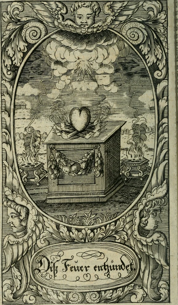 An illustration from Des hocherleuchteten seel. Herrn Johann Arndts, General-Superint. des Fürstenthums Lüneburg Neu-eröffnetes Paradiess-Gärtlein : worinn allen Liebhabern des Wahren Christenthums, durch lehr- und trostreiche Gebeter gezeiget, wie sie ... eifrig zu Gott beten ... auch in Creutz und Leiden andächtig zu Gott seufftzen können : zum bequemen Gebrauch mit drey unterschiedenen Registern, ... auch anitzo zum ersten Mahl mit neuen erbaulichen Sinn-Bildern, dergleichen noch bey keiner andern Edition zu finden, nicht weniger denen merckwürdigen Wunder-Geschichten, so mit diesem geistreichen Buche sich zugetragen, versehen, 1708, leaf 37