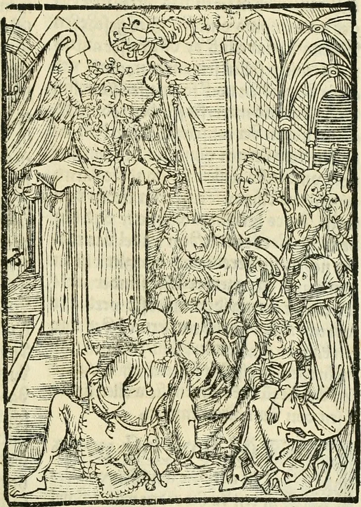 An illustration from Des hochwirdigen doctor Keiserspergs narenschiff : so er gepredigt hat zü Strassburg in der hohen stifft daselbst Predictãt d. zeit i498 dis geprediget :vnd vss latin in tütsch bracht, darin vil weissheit ist zü lerne, vnd leert auch die narreschel hinweck werffen ist nütz vnd güt alen menschen, 1520, leaf 108