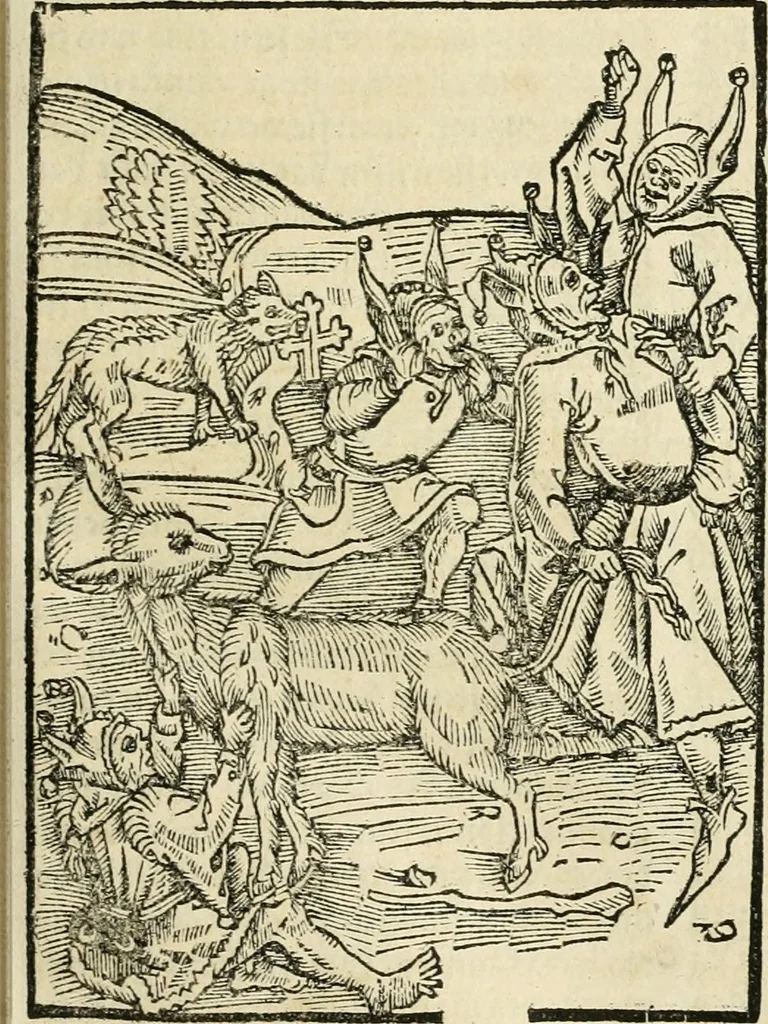 An illustration from Des hochwirdigen doctor Keiserspergs narenschiff : so er gepredigt hat zü Strassburg in der hohen stifft daselbst Predictãt d. zeit i498 dis geprediget :vnd vss latin in tütsch bracht, darin vil weissheit ist zü lerne, vnd leert auch die narreschel hinweck werffen ist nütz vnd güt alen menschen, 1520, leaf 118