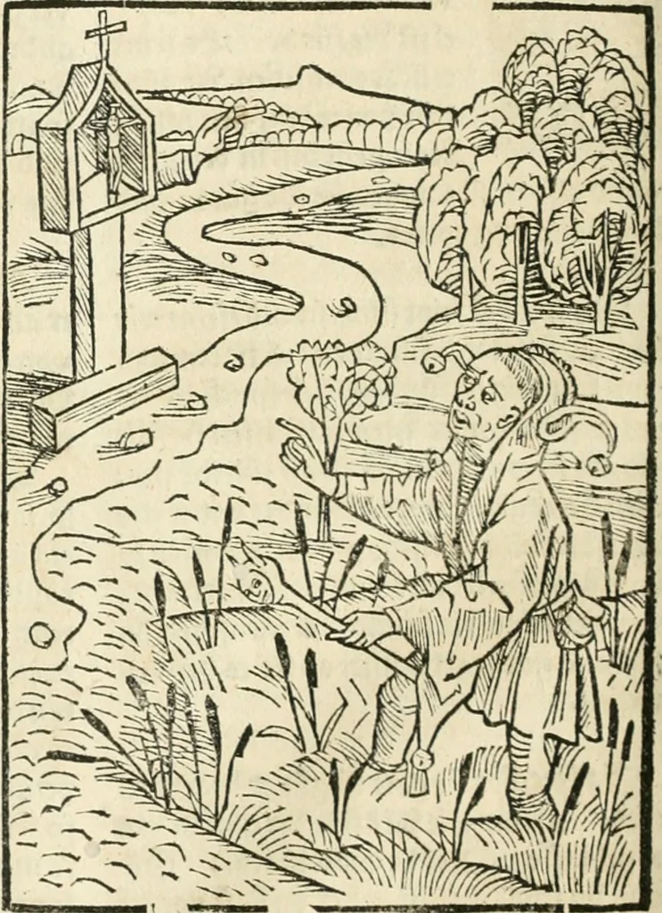 An illustration from Des hochwirdigen doctor Keiserspergs narenschiff : so er gepredigt hat zü Strassburg in der hohen stifft daselbst Predictãt d. zeit i498 dis geprediget :vnd vss latin in tütsch bracht, darin vil weissheit ist zü lerne, vnd leert auch die narreschel hinweck werffen ist nütz vnd güt alen menschen, 1520, leaf 121
