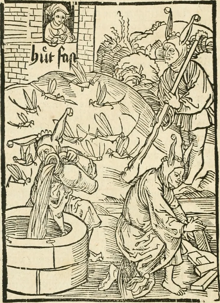 An illustration from Des hochwirdigen doctor Keiserspergs narenschiff : so er gepredigt hat zü Strassburg in der hohen stifft daselbst Predictãt d. zeit i498 dis geprediget :vnd vss latin in tütsch bracht, darin vil weissheit ist zü lerne, vnd leert auch die narreschel hinweck werffen ist nütz vnd güt alen menschen, 1520, leaf 141