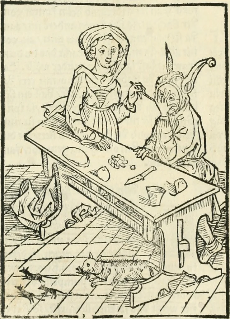An illustration from Des hochwirdigen doctor Keiserspergs narenschiff : so er gepredigt hat zü Strassburg in der hohen stifft daselbst Predictãt d. zeit i498 dis geprediget :vnd vss latin in tütsch bracht, darin vil weissheit ist zü lerne, vnd leert auch die narreschel hinweck werffen ist nütz vnd güt alen menschen, 1520, leaf 145