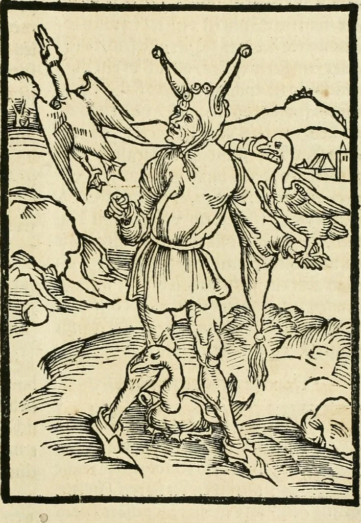 An illustration from Des hochwirdigen doctor Keiserspergs narenschiff : so er gepredigt hat zü Strassburg in der hohen stifft daselbst Predictãt d. zeit i498 dis geprediget :vnd vss latin in tütsch bracht, darin vil weissheit ist zü lerne, vnd leert auch die narreschel hinweck werffen ist nütz vnd güt alen menschen, 1520, leaf 148