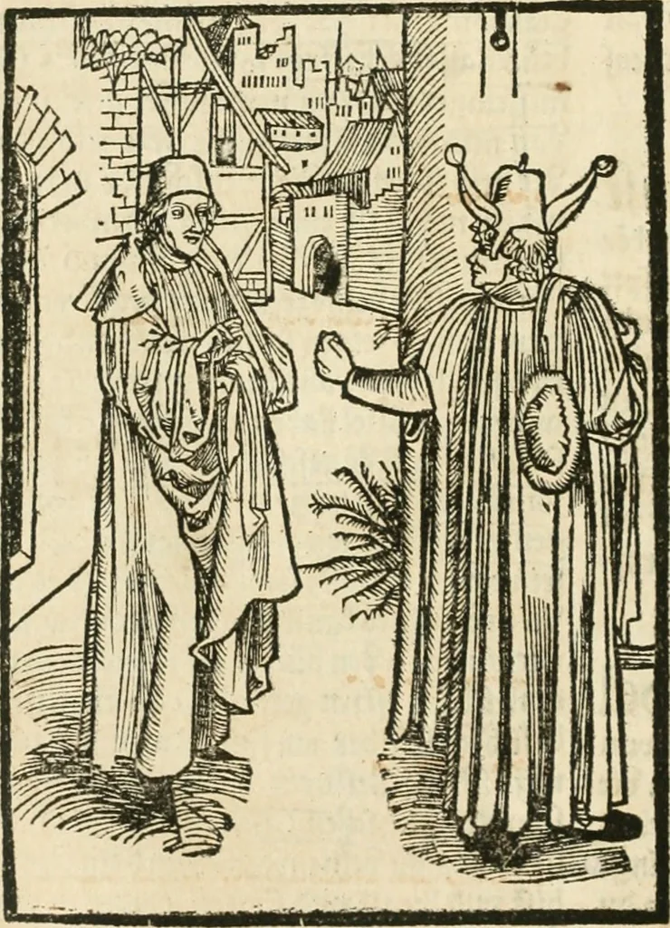 An illustration from Des hochwirdigen doctor Keiserspergs narenschiff : so er gepredigt hat zü Strassburg in der hohen stifft daselbst Predictãt d. zeit i498 dis geprediget :vnd vss latin in tütsch bracht, darin vil weissheit ist zü lerne, vnd leert auch die narreschel hinweck werffen ist nütz vnd güt alen menschen, 1520, leaf 153