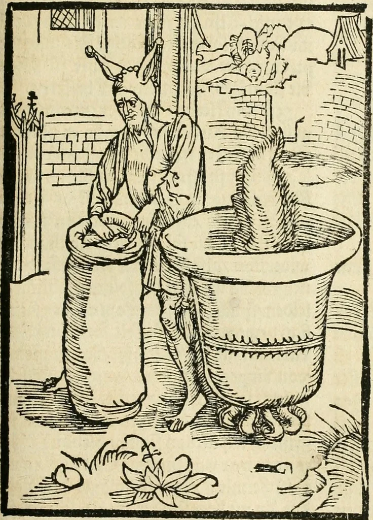 An illustration from Des hochwirdigen doctor Keiserspergs narenschiff : so er gepredigt hat zü Strassburg in der hohen stifft daselbst Predictãt d. zeit i498 dis geprediget :vnd vss latin in tütsch bracht, darin vil weissheit ist zü lerne, vnd leert auch die narreschel hinweck werffen ist nütz vnd güt alen menschen, 1520, leaf 168