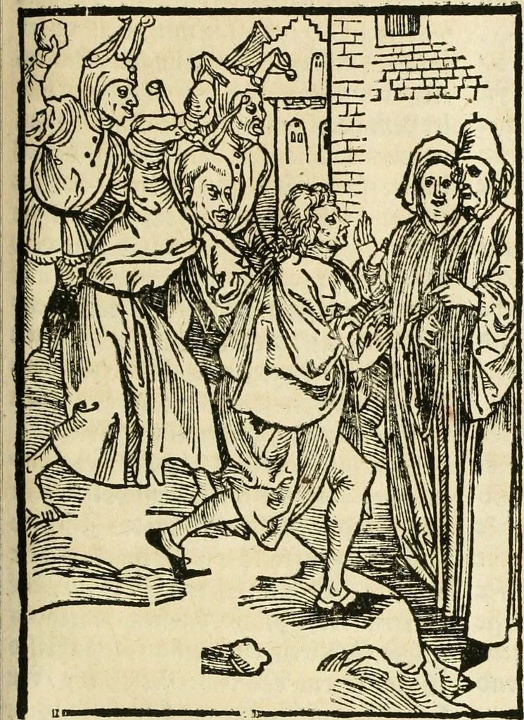An illustration from Des hochwirdigen doctor Keiserspergs narenschiff : so er gepredigt hat zü Strassburg in der hohen stifft daselbst Predictãt d. zeit i498 dis geprediget :vnd vss latin in tütsch bracht, darin vil weissheit ist zü lerne, vnd leert auch die narreschel hinweck werffen ist nütz vnd güt alen menschen, 1520, leaf 172