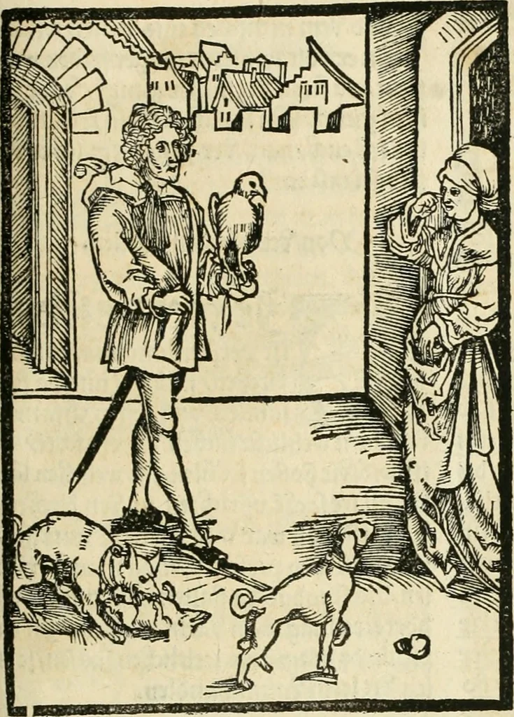 An illustration from Des hochwirdigen doctor Keiserspergs narenschiff : so er gepredigt hat zü Strassburg in der hohen stifft daselbst Predictãt d. zeit i498 dis geprediget :vnd vss latin in tütsch bracht, darin vil weissheit ist zü lerne, vnd leert auch die narreschel hinweck werffen ist nütz vnd güt alen menschen, 1520, leaf 182