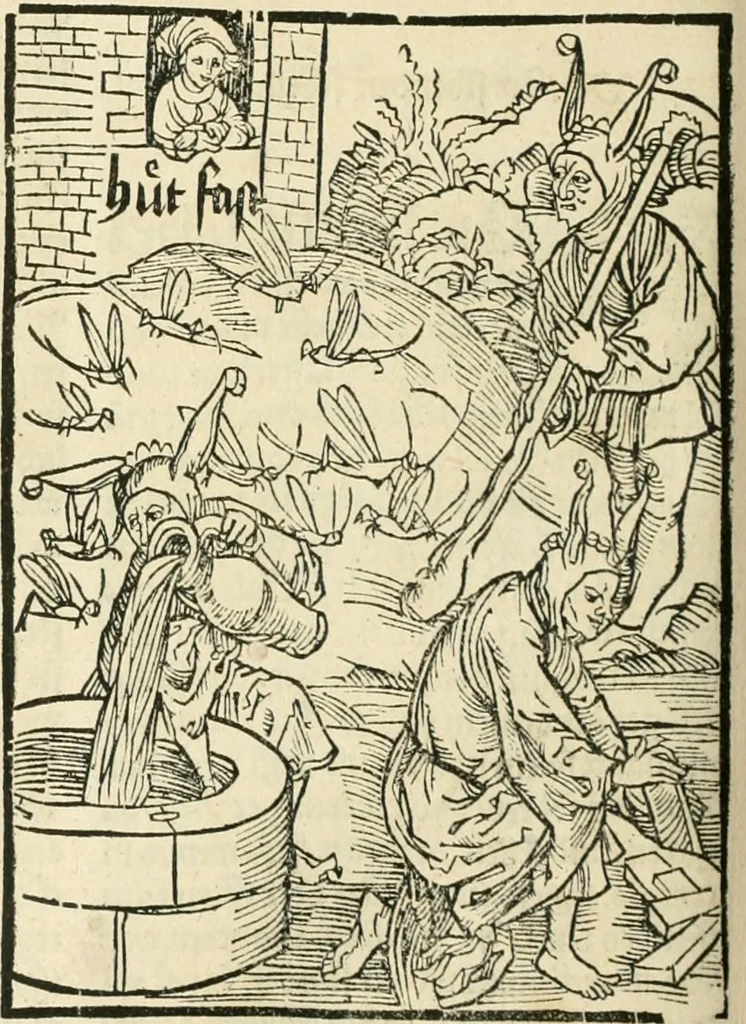 An illustration from Des hochwirdigen doctor Keiserspergs narenschiff : so er gepredigt hat zü Strassburg in der hohen stifft daselbst Predictãt d. zeit i498 dis geprediget :vnd vss latin in tütsch bracht, darin vil weissheit ist zü lerne, vnd leert auch die narreschel hinweck werffen ist nütz vnd güt alen menschen, 1520, leaf 185