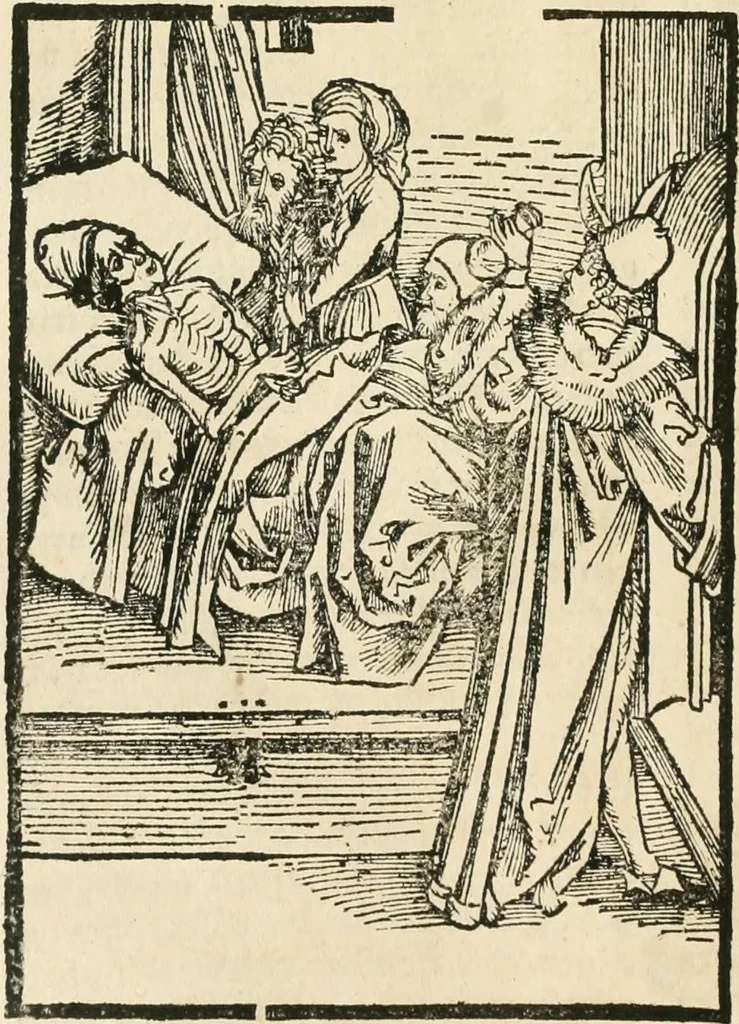 An illustration from Des hochwirdigen doctor Keiserspergs narenschiff : so er gepredigt hat zü Strassburg in der hohen stifft daselbst Predictãt d. zeit i498 dis geprediget :vnd vss latin in tütsch bracht, darin vil weissheit ist zü lerne, vnd leert auch die narreschel hinweck werffen ist nütz vnd güt alen menschen, 1520, leaf 221